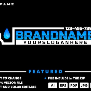 May include: A black background with a logo featuring a blue water droplet and the text "BRANDNAME" in blue. Below is "YOURSLOGANHERE" in white. The phone number "123-456-7890" is above the brand name. Additional text includes "EASY TO CHANGE", "100% VECTOR FILE", and "TEXT AND COLOR EDITABLE".