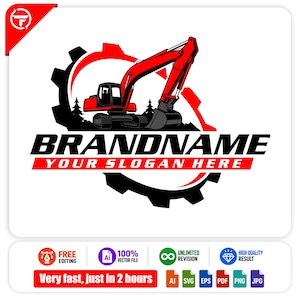 May include: A graphic logo featuring a red excavator positioned in front of a black gear silhouette and stylized pine trees. The text BRANDNAME appears in bold black letters above the red banner with the text YOUR SLOGAN HERE in white.