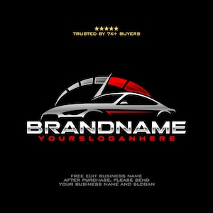 May include: A logo design featuring a silver car silhouette positioned beneath a red and silver speedometer arc. The text BRANDNAME appears in bold silver letters above the red text YOURSLOGANHERE on a black background with five stars.