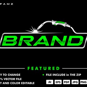 Può includere: Un logo con la parola "BRAND" in verde brillante, bordata d'argento, e una grafica di torcia per saldatura. Il design include la parola "FEATURED" e punti elenco che indicano caratteristiche come "EASY TO CHANGE" e "100% VECTOR FILE".