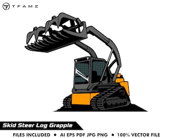 May include: A black and orange skid steer log grapple with a black metal grapple arm. The grapple arm is raised and the skid steer is on a black surface.  FILES INCLUDED AI EPS PDF JPG PNG 100% VECTOR FILE