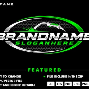 May include: A green and silver logo with the text "BRANDNAME" and "SLOGANHERE" in a silver font. The logo features a stylised welding torch with a spark.
