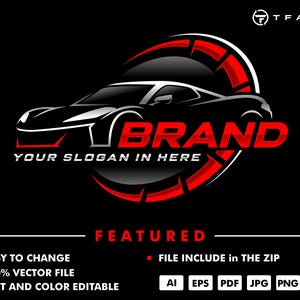 以下が含まれることがあります： 赤色の「BRAND」という文字が入った、黒と赤の車のロゴデザイン。ロゴは、様式化された車のシルエットと「YOUR SLOGAN IN HERE」というテキストを特徴としています。デザインには、「EASY TO CHANGE」、「100% VECTOR FILE」、「TEXT AND COLOR EDITABLE」というテキストが含まれています。