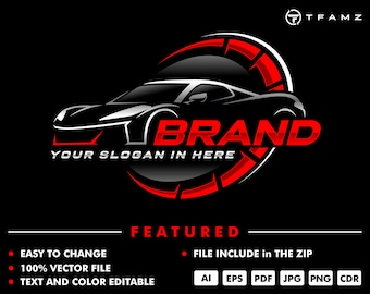 Op de afbeelding: Een zwart en rood autologo-ontwerp met het woord "BRAND" in het rood. Het logo toont een gestileerd autosilhouet en de tekst "YOUR SLOGAN IN HERE". Het ontwerp bevat de tekst "EASY TO CHANGE", "100% VECTOR FILE" en "TEXT AND COLOR EDITABLE".