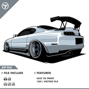 May include: A white sports car with a large rear wing, black wheels, and a black exhaust pipe. The car is viewed from the back, slightly angled to the left.