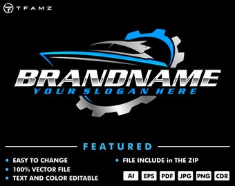 May include: A logo design featuring a blue and silver boat with a gear behind it. The text "BRANDNAME" is in a silver metallic font with the text "YOUR SLOGAN HERE" below it. The logo is on a black background.