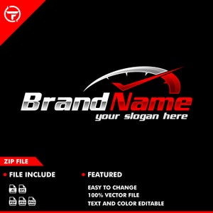May include: A logo design featuring a stylized speedometer with a red needle pointing to the right. The text "Brand Name" is in white with a silver outline, and the tagline "your slogan here" is in white below the logo.