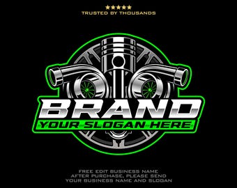 May include: A graphic logo featuring a central engine piston flanked by two turbochargers, set against a circular gear background with bright green outlines. The text reads BRAND, YOUR SLOGAN HERE, TRUSTED BY THOUSANDS, and instructions for business name edits.