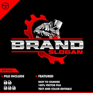 May include: A silver and red logo design featuring a welder working on a gear. The text "BRAND" is in silver with a red outline and the text "SLOGAN" is in red with a silver outline.