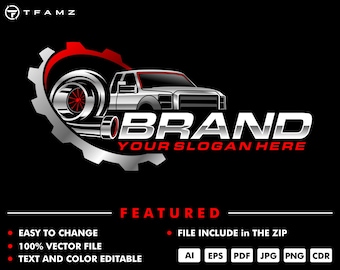 May include: A logo design featuring a silver pickup truck with a red and silver turbocharger, set against a black background. The word "BRAND" is in large, silver letters, with "YOUR SLOGAN HERE" in red below. The design includes a gear and the text "FEATURED".