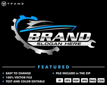 May include: A silver and blue logo design featuring a boat with a wrench and gear. The text "BRAND" and "SLOGAN HERE" are included in the design.