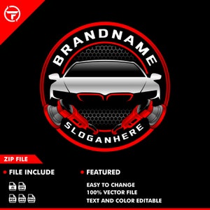Può includere: Un design del logo con la silhouette di un'auto bianca all'interno di un cerchio rosso con il testo "BRANDNAME" e "SLOGANHERE". Due strumenti di dettaglio rossi e grigi sono posizionati sotto. Il testo aggiuntivo include "ZIP FILE", "FILE INCLUDE" e "FEATURED".