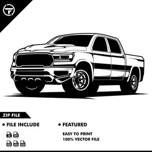 May include: Black and white illustration of a pick-up truck. The truck has a large front grille and a long bed. The truck is facing the viewer and is set against a white background.
