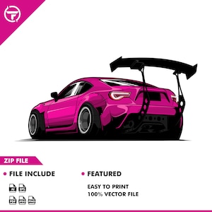 Può includere: Un'auto sportiva rosa con un grande alettone posteriore. L'auto ha ruote nere e interni neri. L'auto è isolata su uno sfondo bianco.