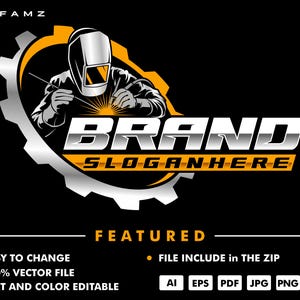 May include: A silver and yellow logo design featuring a welder with a welding torch in a gear shape. The text "BRAND" is in a silver font with a black outline and the text "SLOGANHERE" is in a yellow font with a black outline.