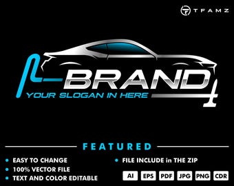 Puede incluir: Un elegante diseño de logotipo de coche en plata y azul, con la palabra "BRAND" en un lugar destacado. El logotipo incluye el texto "YOUR SLOGAN IN HERE" y "FEATURED". El diseño está sobre un fondo negro.