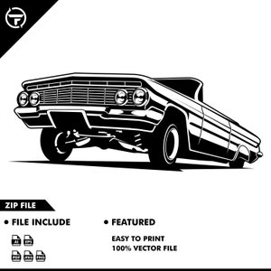 Op de afbeelding: Zwart-witte illustratie van een klassieke auto, een lowrider met grote wielen, gezien vanuit een lage hoek.