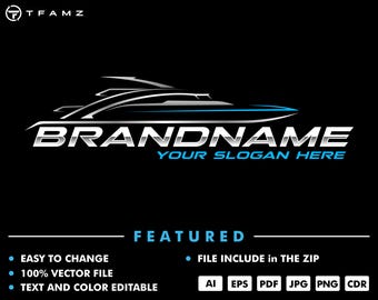 May include: A black and white logo design of a speedboat with a blue stripe. The text "BRANDNAME" is in a silver font and the text "YOUR SLOGAN HERE" is in a smaller silver font. The logo is on a black background.
