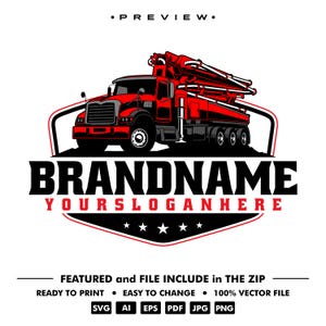 Könnte beinhalten: Ein grafisches Logo mit einem roten Betonpumpenwagen, der in einem schildförmigen Emblem zentriert ist. Der Text BRANDNAME und YOURSLOGANHERE erscheint in fetter schwarzer und roter Schrift. Das Design enthält fünf weiße Sterne und das Wort PREVIEW.