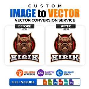 May include: A custom image to vector conversion service display showing a before and after comparison of a brown bulldog mascot logo with red eyes and the text KIRIK. Includes icons for manual tracing, revisions, quality, and file formats AI, SVG, EPS, PDF, PNG, JPG.