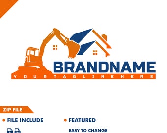 May include: A logo design featuring an orange excavator digging into a house with blue accents. The text "BRANDNAME" is below the image and "YOURTAGLINEHERE" is below the text.