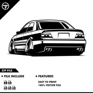 May include: Black and white illustration of a rear view of a car. The car has a large rear window and a spoiler. The car is sitting on a white background.