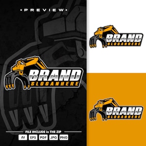 May include: A graphic logo design featuring a yellow and black excavator arm with a claw attachment. The word BRAND is displayed in a metallic silver font above the text SLOGANHERE in a bold black font, all enclosed within a dark outline.