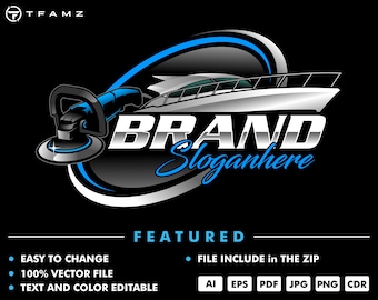 May include: A logo design featuring a boat with a blue and silver color scheme. The boat is partially obscured by a black and silver power sander. The text "BRAND" is in a large, bold font with a silver outline. The text "Sloganhere" is in a smaller, cursive font below the word "BRAND".