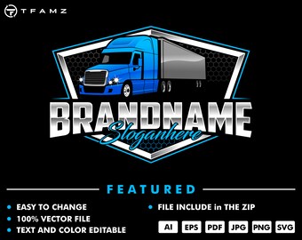 Puede incluir: Un camión semi-remolque azul con un remolque plateado se presenta en un diseño de logotipo. El logotipo se coloca sobre un fondo negro con un patrón hexagonal plateado y blanco. El texto "BRANDNAME" está en una fuente plateada con un contorno blanco. El texto "Sloganhere" está en una fuente blanca con un contorno azul. El logotipo está rodeado por un borde plateado y blanco.