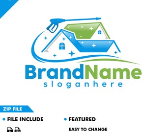 Può includere: Un logo per un servizio di pulizia di case. Il logo presenta una casa blu e verde con un idropulitrice che spruzza acqua. Il testo "BrandName" e "sloganhere" sono sotto la casa.