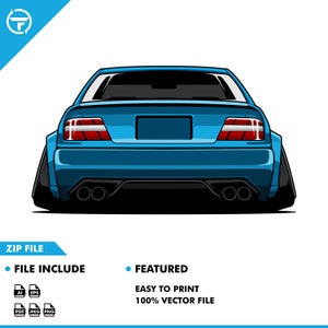 May include: A blue car with a rear view of the vehicle. The car has a black bumper and two exhaust pipes. The car is sitting on a white background.
