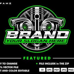 May include: A green and silver logo design featuring a stylised engine with a piston and two turbochargers. The text "BRAND" is in a bold, silver font with the words "YOUR SLOGAN HERE" below it.