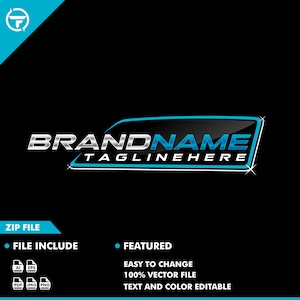 Puede incluir: Un logotipo azul y plateado con el texto "BRANDNAME" y "TAGLINEHERE" sobre un fondo negro.
