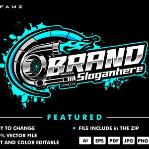 May include: A blue and white logo with a stylized turbocharger and flames. The text "BRAND" is in white with the text "Sloganhere" below it. The logo is on a black background.