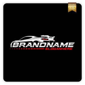 Pode incluir: Um logótipo gráfico sobre fundo preto com a silhueta branca de um carro desportivo sobre o texto BRANDNAME em fonte prateada metálica, com SLOGANHERE a vermelho por baixo e uma faixa dourada com TRUSTED BY 7K+ BUYERS no canto.