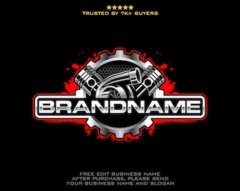 May include: A graphic logo design featuring a metallic silver gear, two engine pistons, and a turbocharger centered on a red splatter background. The text BRANDNAME is displayed in a bold, metallic font. Above is TRUSTED BY 7K+ BUYERS.