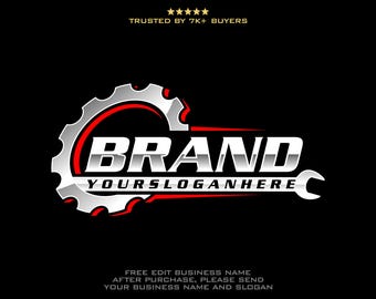 May include: A metallic silver gear and wrench logo design on a black background. The text BRAND is in large silver letters, with YOURSLOGANHERE below it. Above is TRUSTED BY 7K+ BUYERS with five stars, and below is FREE EDIT BUSINESS NAME.