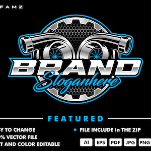 May include: A logo design featuring a pair of silver turbochargers with blue accents, set against a black background. The word "BRAND" is written in silver letters with a blue outline, and the text "Sloganhere" is written in a blue cursive font.