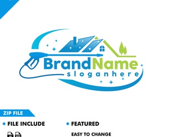 Può includere: Un logo blu e verde per un servizio di pulizia di case. Il logo presenta una casa con un ugello a spruzzo e il testo "Brand Name - sloganhere".