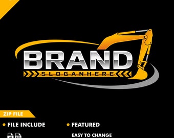 May include: A logo design featuring a yellow excavator with a silver "BRAND" text and the words "SLOGANHERE" in a yellow and black striped banner.