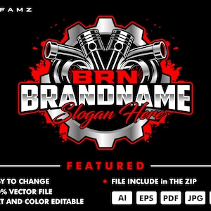 Könnte beinhalten: Ein Logo-Design mit einem schwarzen Hintergrund, das ein silbernes Zahnrad, Kolben und Turbolader zeigt. Das Logo enthält den Text "BRN BRANDNAME Slogan Here" in einer fetten, stilisierten Schriftart mit roten Akzenten. Das Wort "FEATURED" ist ebenfalls vorhanden.