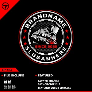 Pode incluir: Um logotipo prateado e vermelho com um soldador usando uma máscara de solda trabalhando em uma peça de metal. O logotipo tem o texto "BRANDNAME" e "SLOGANHERE" ao redor do exterior. O texto "SINCE 2022" está dentro do logotipo.