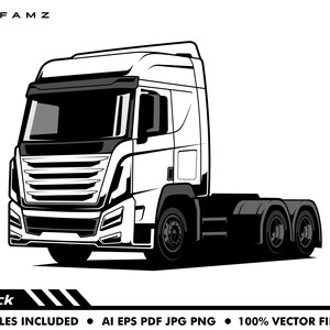 Op de afbeelding: Zwart-wit vectorillustratie van een vrachtwagen. De afbeelding toont een gedetailleerde grille, een grote voorruit en meerdere wielen. Het woord "Truck" staat onderaan.