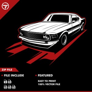 Op de afbeelding: Een zwart-wit illustratie van een klassieke auto met rode accenten. De afbeelding bevat de tekst "ZIP FILE", "FILE INCLUDE", "FEATURED", "EASY TO PRINT" en "100% VECTOR FILE".