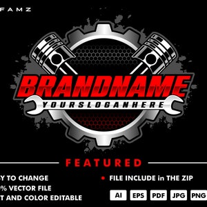 May include: A red and silver logo design with the text "BRANDNAME YOURSLOGANHERE". The logo features a gear with two crossed pistons and a wrench.