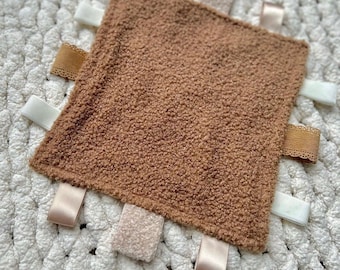 Handsewn Sensory Taggy Blanket: Cotton Gingham & Borg Reversible Comforter