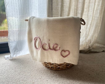 Personalised Baby Blanket - Hand Embroidered knitted blanket