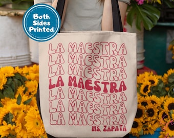Sacoche pour professeur bilingue| Cabas Maestra personnalisé| Cadeau personnalisé pour la rentrée scolaire | Enseignant bilingue| Ondulé rétro tendance | Cadeau de professeur de latinx