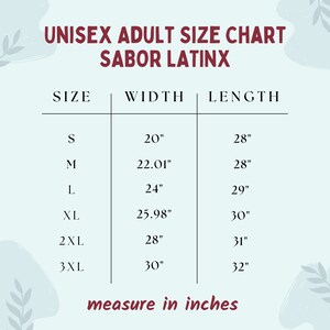 May include: Unisex adult size chart for clothing in inches. The chart shows sizes S through 3XL with corresponding width and length measurements.