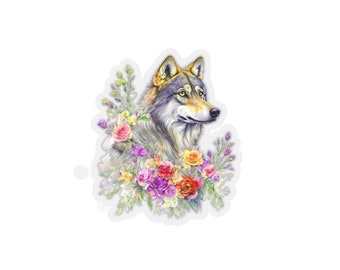 Kuss-Cut Aufkleber, ästhetische Aufkleber, Wolf mit Blume Aufkleber, bunte Aufkleber, süße Wolfliebhaber Aufkleber Geschenk